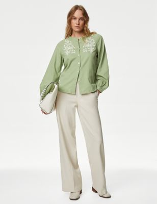 

Womens M&S Collection Pure Cotton Embroidered Button Through Blouse - Pale Jade, Pale Jade