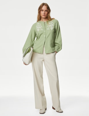 

Womens M&S Collection Pure Cotton Embroidered Button Through Blouse - Pale Jade, Pale Jade