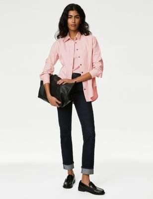 M&S Womens Denim Collared Relaxed Shirt - 24REG - Pink Shell, Pink Shell,Blue Denim