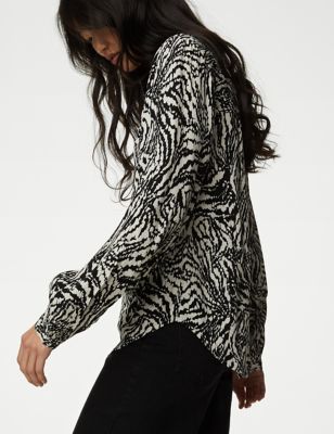 Printed Tie Neck Relaxed Blouse - BE