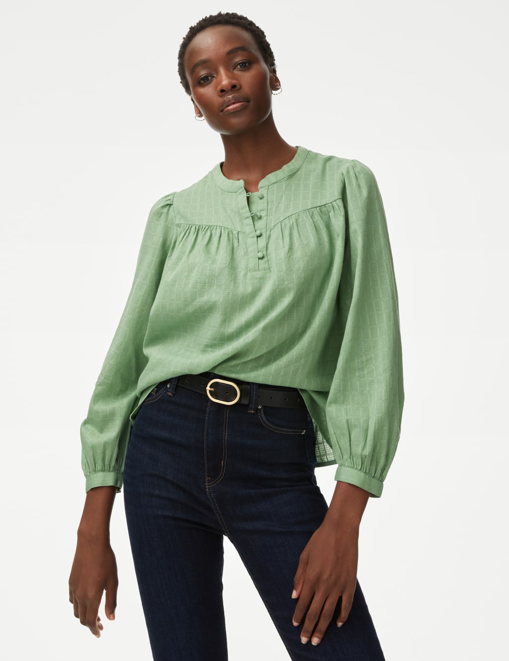 Cotton V-Neck Pintuck Long Sleeve Blouse, M&S Collection