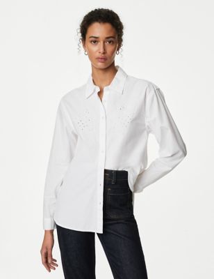 M&S Womens Pure Cotton Cutwork Detail Shirt - 8REG - Soft White, Soft White