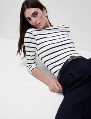 

Womens M&S Collection Pure Cotton Striped Slash Neck Slim Fit Top - White Mix, White Mix