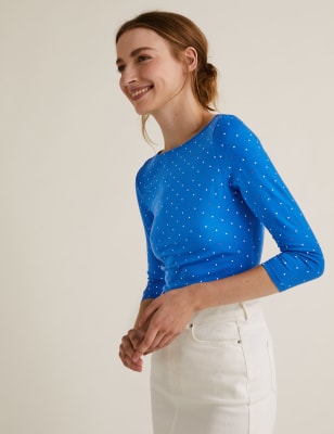 

Womens M&S Collection Cotton Rich Polka Dot Fitted Top - Blue Mix, Blue Mix