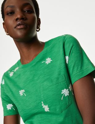 M&S Women's Pure Cotton Printed Pocket Top - 6 - Green Mix, Green Mix,Blue Mix,Light Pink Mix,Onyx