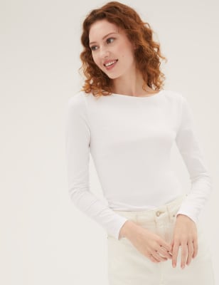 

Womens M&S Collection Cotton Rich Fitted Long Sleeve Top - White, White