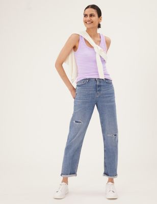 Womens M&S Collection Cotton Rich Striped Crew Neck Vest Top - Pink Mix, Pink Mix