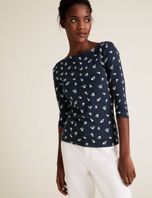 Cotton Rich Printed Slash Neck Fitted Top - FI