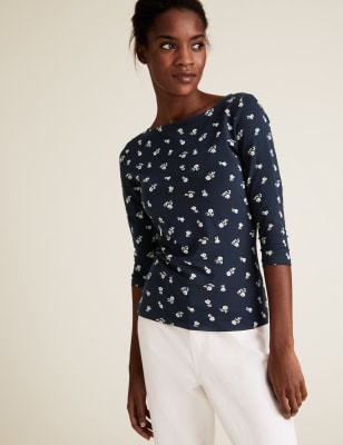 Cotton Rich Printed Slash Neck Fitted Top - NZ