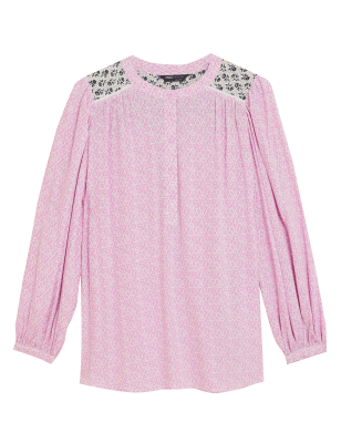 

Womens M&S Collection Lang geschnittene Langarmbluse mit Muster - Light Pink Mix, Light Pink Mix