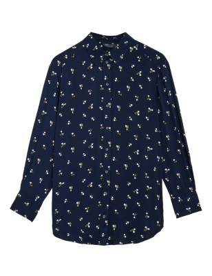 

Womens M&S Collection Lang geschnittenes Langarmhemd mit Kragen und Muster - Navy Mix, Navy Mix