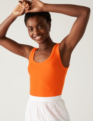 

M&S Collection Top de algodón ajustado acanaladoWomens - Tangerine, Tangerine