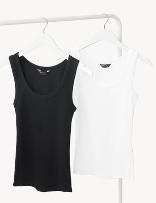 M&S Womens 2pk Cotton Rich Ribbed Vests - 6 - Black/White, Black/White