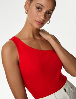 M&S Women's Cotton Rich One Shoulder Vest - 6 - Poppy, Poppy,Black,Soft White,Iris,Medium Green,Hunt
