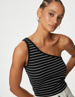 M&S Womens Cotton Rich One Shoulder Vest - 8 - Black, Black