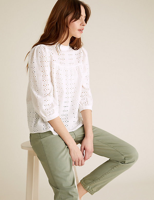 Pure Cotton Broderie Short Sleeve Blouse - US