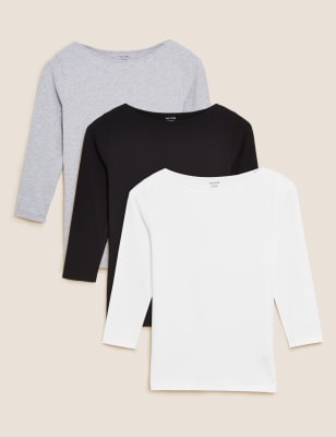 

Womens M&S Collection 3 Pack Cotton Rich Slash Neck Fitted Tops - White Mix, White Mix