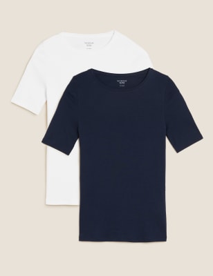 

Womens M&S Collection 2 Pack Pure Cotton Regular Fit Tops - Navy Mix, Navy Mix