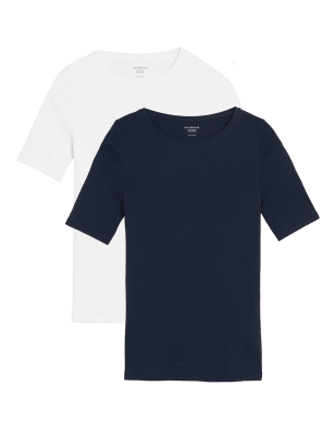 

Womens M&S Collection 2 Pack Pure Cotton Regular Fit Tops - Navy Mix, Navy Mix