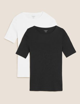 

Womens M&S Collection 2 Pack Pure Cotton Regular Fit Tops - Black Mix, Black Mix