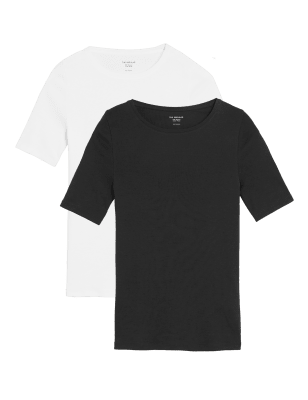 

M&S Collection Pack de 2 tops 100% algodón de ajuste estándarWomens - Black Mix, Black Mix
