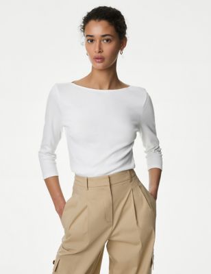 M&S Womens Pure Cotton Slim Fit Top - 8 - White, White,Black,Blue,Navy