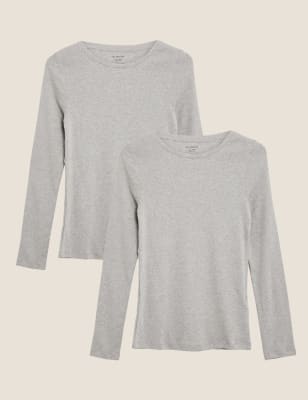 

Womens M&S Collection 2 Pack Pure Cotton Regular Fit Tops - Grey Marl, Grey Marl