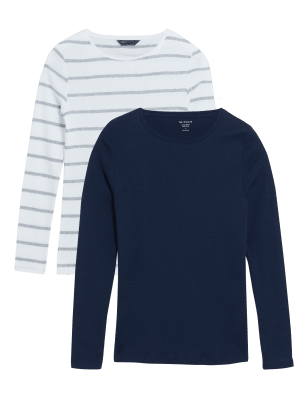 

Womens M&S Collection 2 Pack Regular Fit Long Sleeve Tops - Navy/Grey, Navy/Grey