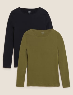 

Womens M&S Collection Pack de 2 tops de manga larga de ajuste estándar - Khaki Mix, Khaki Mix