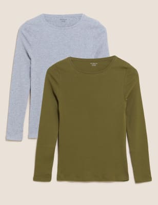 

Womens M&S Collection 2er-Pack Langarm-Oberteile in normaler Passform - Grey/Green, Grey/Green