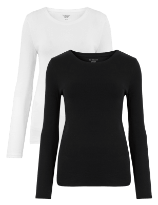 

Womens M&S Collection 2 Pack Regular Fit Long Sleeve Tops - White/Black, White/Black