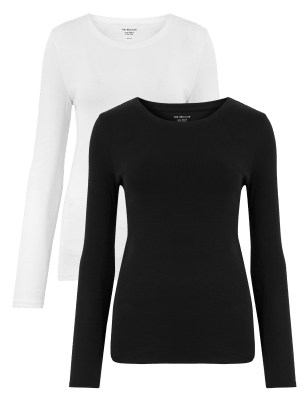 Womens M&S Collection 2 Pack Regular Fit Long Sleeve Tops - White/Black