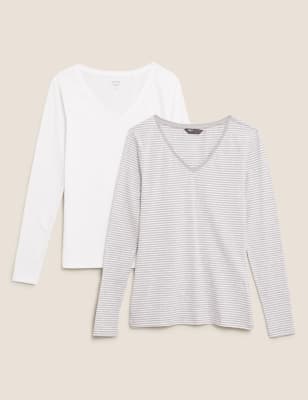  Lot de 2 tops ajustés en coton à col en V - Grey Mix