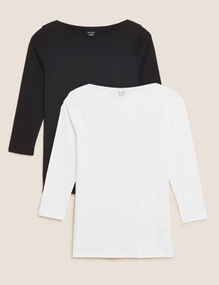 

Womens M&S Collection 2 Pack Cotton Rich Slash Neck Fitted Tops - Black Mix, Black Mix