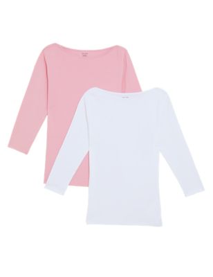 M&S Womens 2 Pack Cotton Rich Slash Neck Fitted Tops