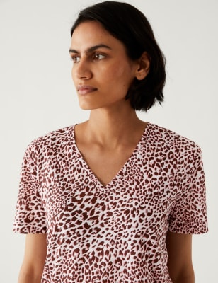 

Womens M&S Collection Lang geschnittenes T-Shirt in bequemer Passform mit Muster - Pink Mix, Pink Mix