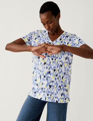 

Womens M&S Collection Printed Relaxed Longline T-Shirt - Blue Mix, Blue Mix