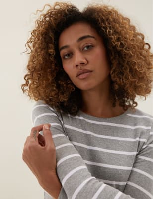

Womens M&S Collection Pure Cotton Striped Regular Fit Top - Grey Mix, Grey Mix