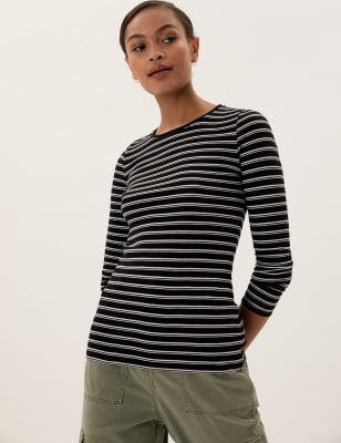

Womens M&S Collection Pure Cotton Striped Regular Fit Top - Black Mix, Black Mix