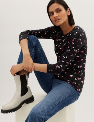 

Womens M&S Collection Pure Cotton Printed Regular Fit Top - Red Mix, Red Mix