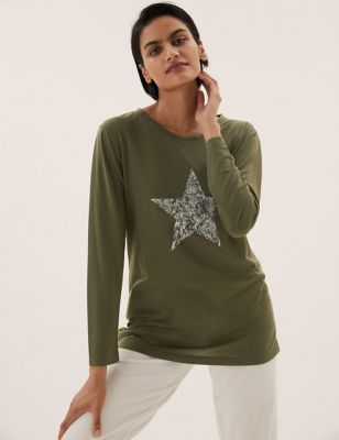 

Womens M&S Collection Printed Relaxed Long Sleeve Longline Top - Khaki Mix, Khaki Mix