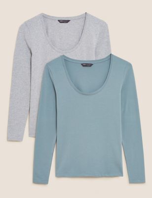 

Womens M&S Collection 2 Pack Cotton Rich Scoop Neck Fitted Tops - Blue/Grey, Blue/Grey