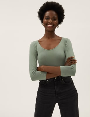 

Womens M&S Collection Figurbetonter Body mit hohem Baumwollanteil und U-Ausschnitt - Khaki, Khaki