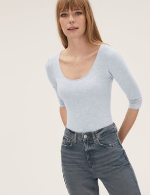 

Womens M&S Collection Figurbetonter Body mit hohem Baumwollanteil und U-Ausschnitt - Grey Marl, Grey Marl