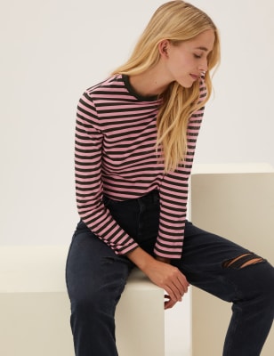 

Womens M&S Collection Gestreiftes Oberteil aus reiner Baumwolle in gerader Passform - Pink Mix, Pink Mix