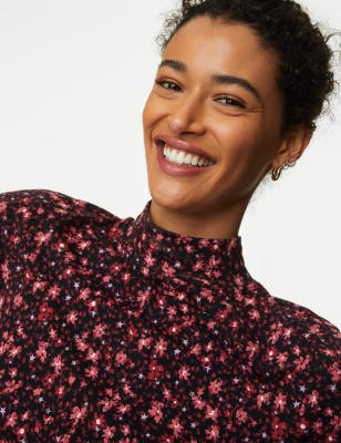 

Womens M&S Collection Cotton Rich Printed Slim Fit Top - Bright Pink Mix, Bright Pink Mix