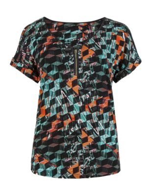V-Neck Cube Print Front Zip Top | M&S Collection | M&S