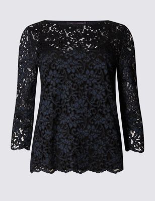 3/4 Sleeve Slash Neck Lace Jersey Top | M&S Collection | M&S