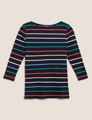 Cotton Striped Slash Neck Fitted Top 
