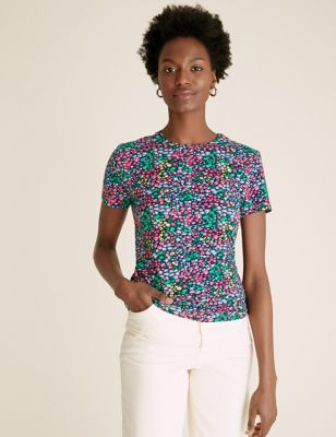 T-shirt ajusté en coton à col rond et motif fleuri - Navy Mix